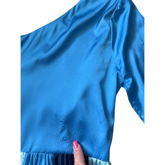 Adelyn Rae Cher One Shoulder Pleated Colorblock Midi Dress Lapis Blue Size Small - Picture 10 of 11
